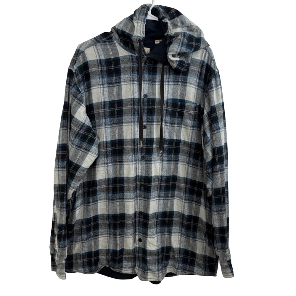 RedHead Hooded Flannel Shirt Jacket Gray Blue Plaid Shacket Cotton Lined XL Tall